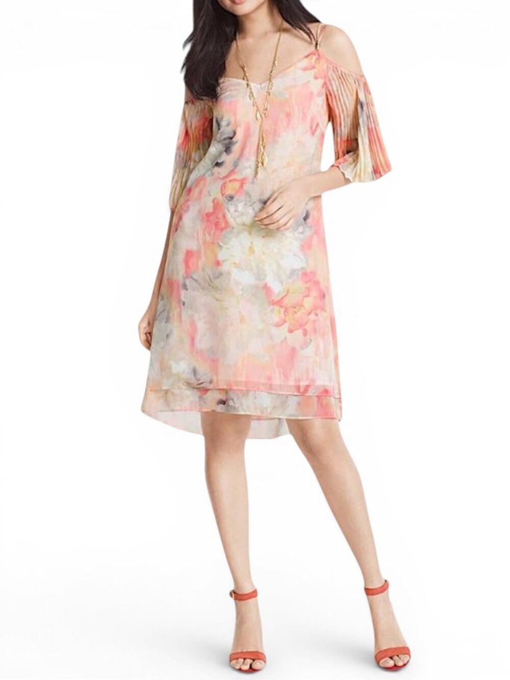 White House Peach Smoothie Watercolor Cold Shoulder Pleated Sleeve Dress NWT 10
